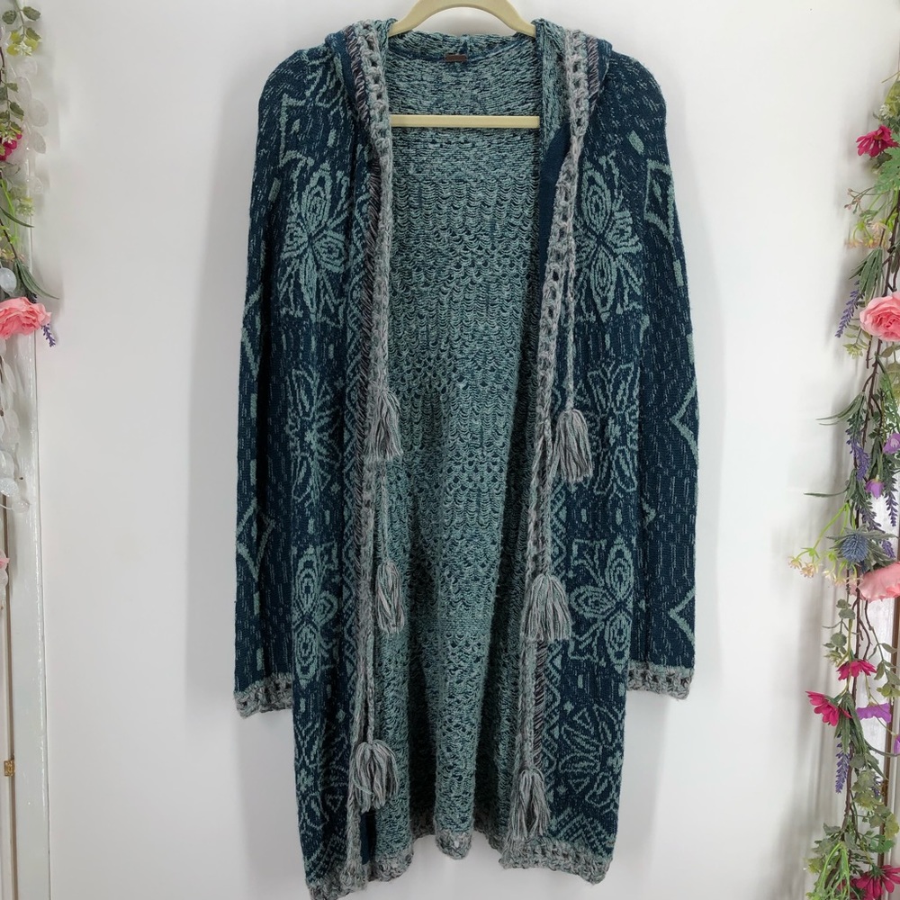 Free People Kai Pom Poms hooded cardigan blue